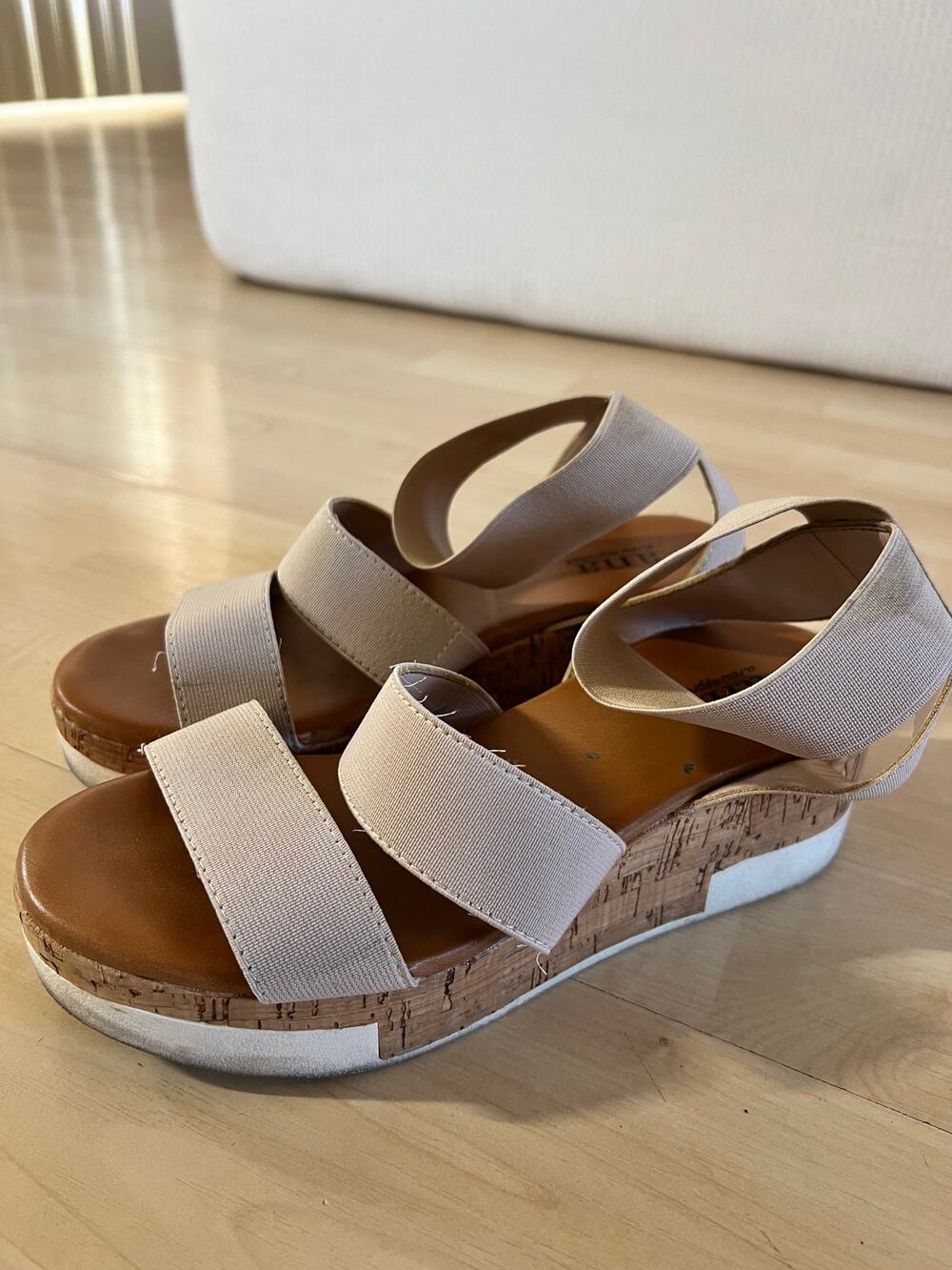 A.N.A Womens Size 6 Beige Elastic Strap Cork Wedge Sandals Platform Casual Chic
